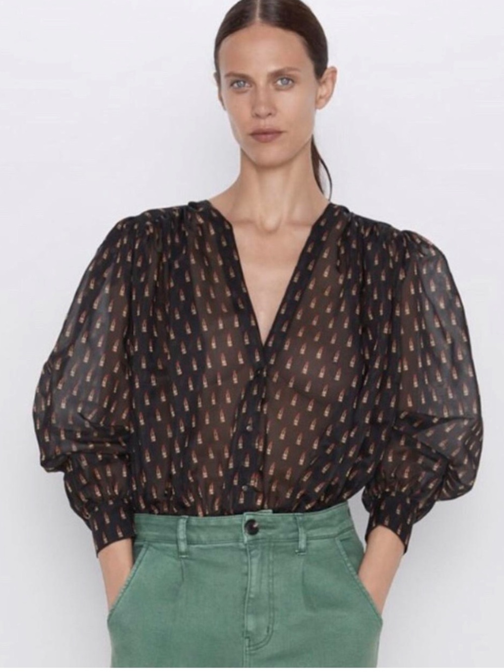 ZARA Black Sheer Bodysuit with Lipstick-Print medium